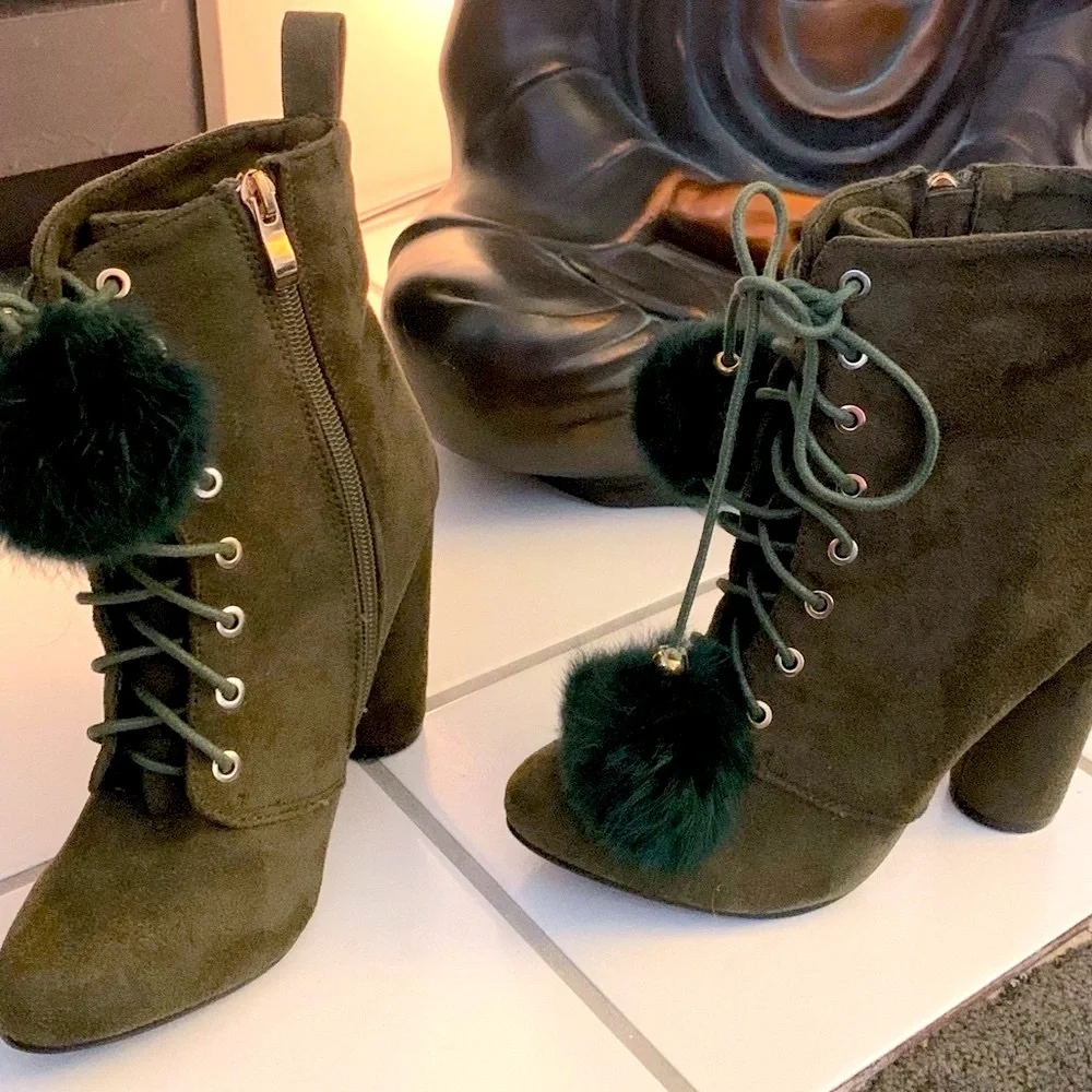 Catherine Malandrino Olive Green Fur Pom Pom Ankle Bootie